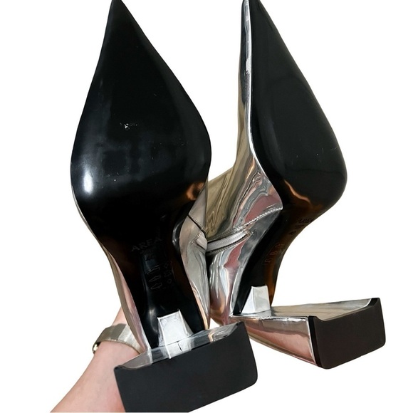 AREA NYC “A” HEEL Leather PVC Metallic Mid Calf Boot Silver Sz 40 - Picture 3 of 7